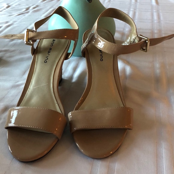 Ann Marino Shoes - wedge sandal, neutral color,patent leather